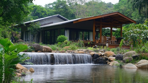 Fototapeta Naklejka Na Ścianę i Meble -  A modern house sits peacefully by a waterfall in a lush tropical garden.