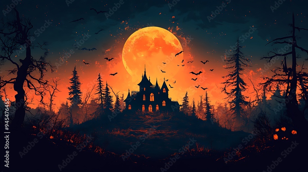 Halloween Haunted Mansion Silhouette with Full Moon and Bats Halloween Haunted Mansion Silhouette with Full Moon and Bats