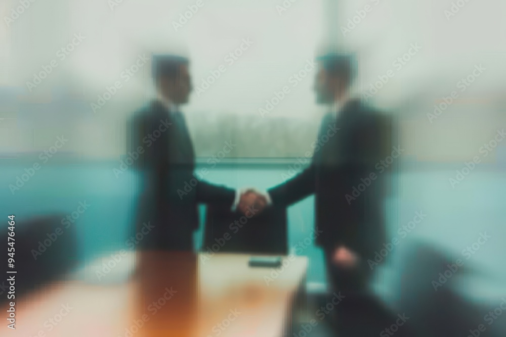 Blurred image of two businessmen shaking hands Blurred photo of a business meeting at which two men are shaking hands over the conference table.