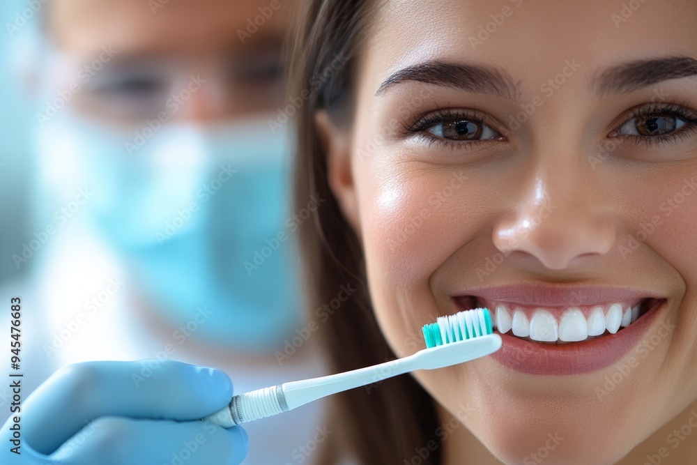 Close-up image of a smiling woman with perfect teeth, holding a toothbrush, while a dentist in protective gear assists. The photo emphasizes the importance of oral hygiene. Close-up image of a smiling woman with perfect teeth, holding a toothbrush, while a dentist in protective gear assists. The photo emphasizes the importance of oral hygiene.