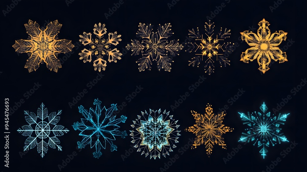Intricate snowflake vectors in a Christmas style with a variety of shapes and colors Intricate snowflake vectors in a Christmas style with a variety of shapes and colors