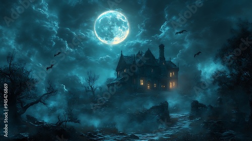 Mysterious Haunted Mansion Under Full Moon