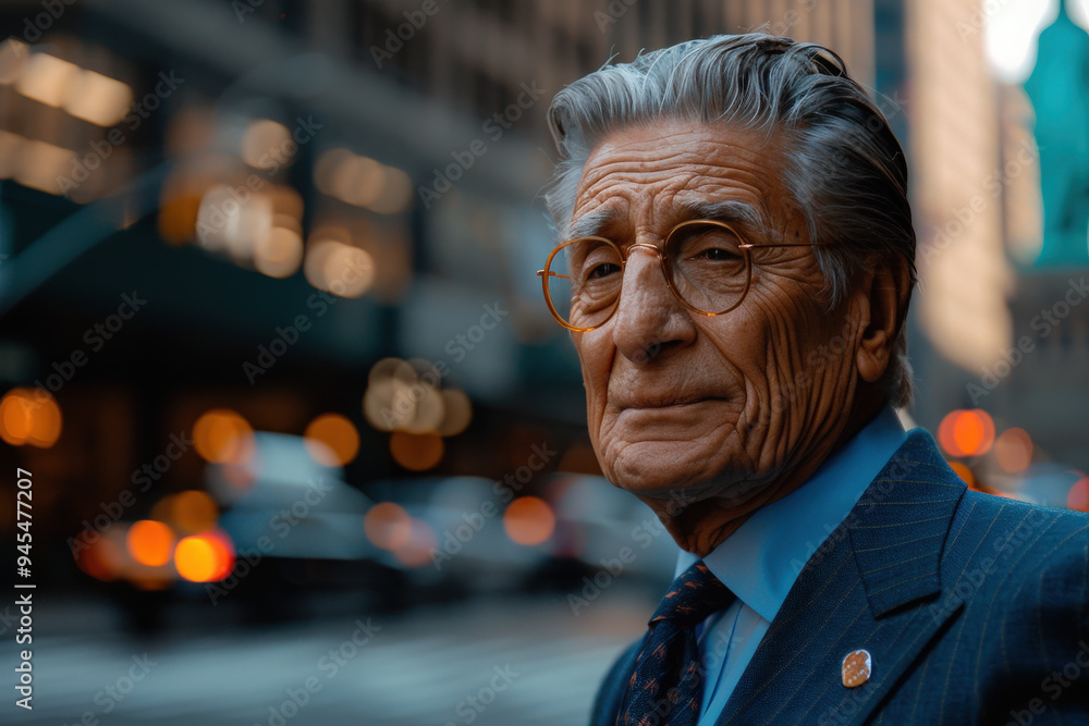 Obraz premium Elderly man in urban cityscape at dusk