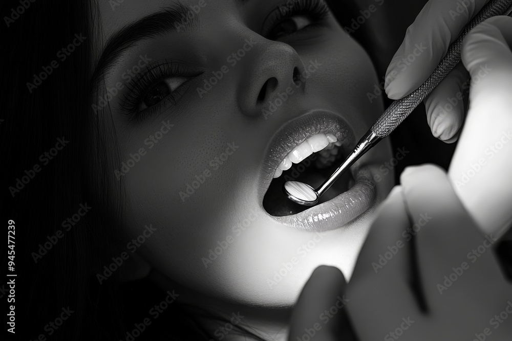Obraz premium During a dental appointment, a patient undergoes an oral examination where the dentist uses various professional tools to ensure comprehensive analysis and routine maintenance of dental health.