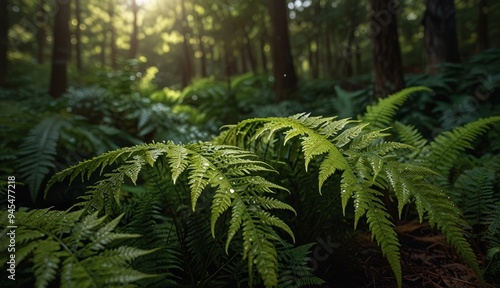 Lush Green Ferns in Sunlit Forest