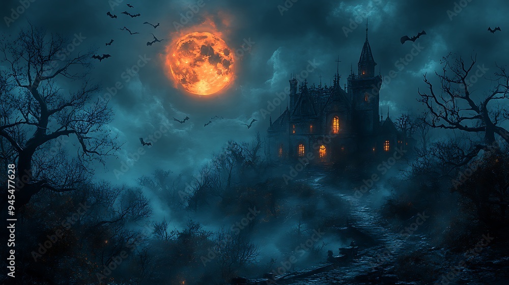 Haunted Castle Under Blood Moon with Bats and Fog Haunted Castle Under Blood Moon with Bats and Fog