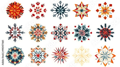 Christmas-themed snowflake vectors with bold patterns and bright colors