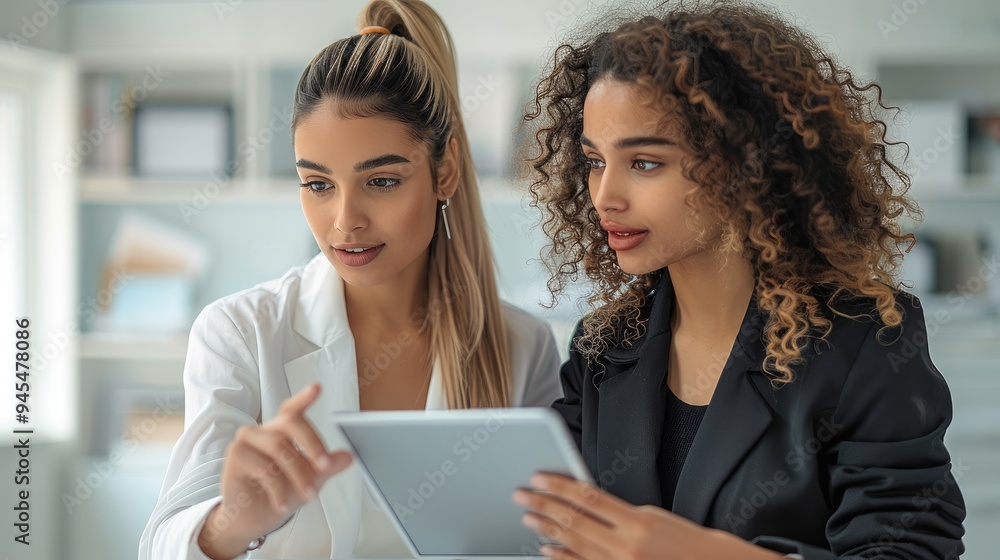 Female manager discussing work with her female team member over a tablet in the office. Generative AI. Female manager discussing work with her female team member over a tablet in the office. Generative AI.