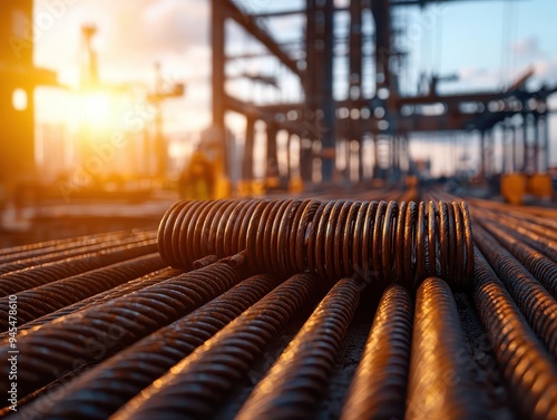 Close-up of rusted steel rebar on construction site, bathed in warm sunset light, highlighting industrial details in the foreground.