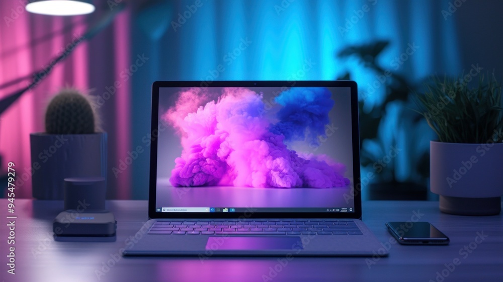 A laptop computer is placed on a desk right next to a cell phone device A laptop computer is placed on a desk right next to a cell phone device