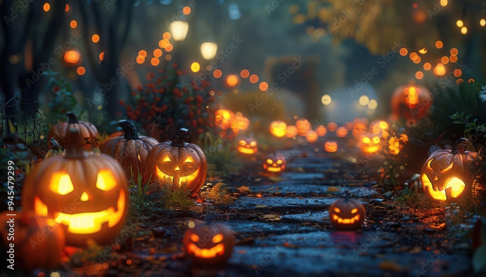 A spooky Halloween path adorned with glowing jack-o'-lanterns, creating an eerie yet festive atmosphere in a dark, wooded area. A spooky Halloween path adorned with glowing jack-o'-lanterns, creating an eerie yet festive atmosphere in a dark, wooded area.