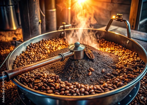 Rich aroma emanates from perfectly poured coffee beans during roasting, as the artisanal brewing process unfolds in a cozy, well-lit, rustic-chic background setting. photo