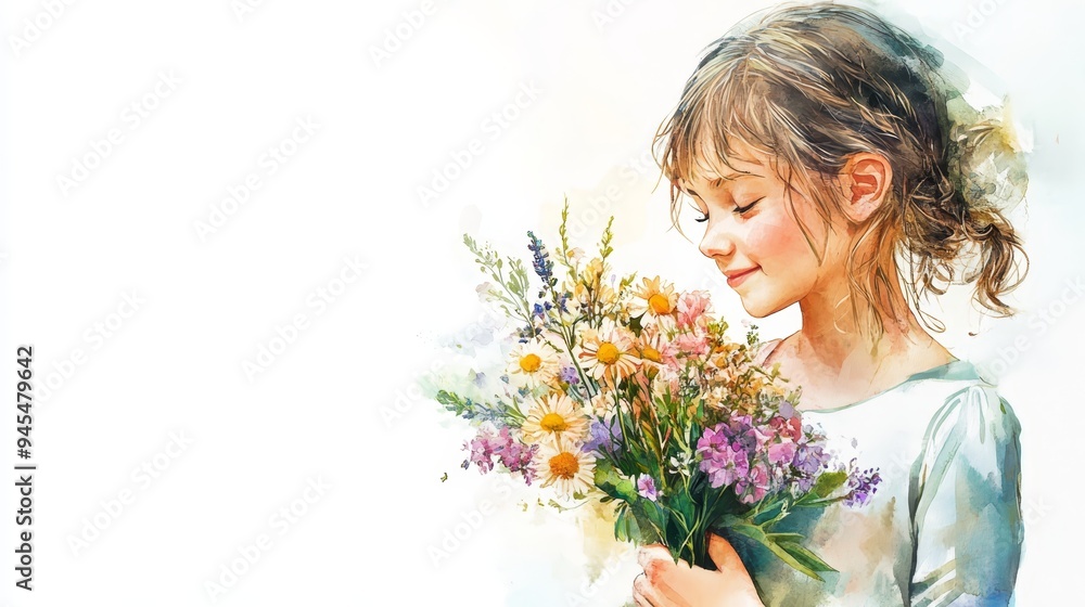 Watercolor Painting of a Young Girl Holding Flowers Watercolor Painting of a Young Girl Holding Flowers