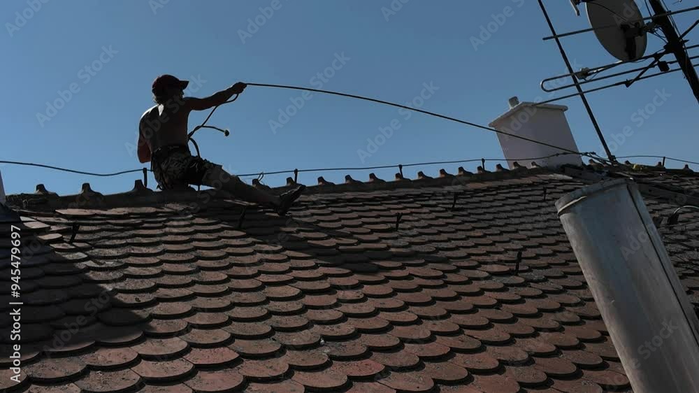 Worker on the ridge of an old clay tile roof. A laborer repairs the roof. Workman on roof with safety rope and special harness. Concept of construction work and working at heights Worker on the ridge of an old clay tile roof. A laborer repairs the roof. Workman on roof with safety rope and special harness. Concept of construction work and working at heights