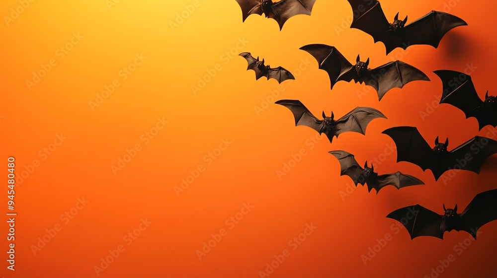 Halloween photo featuring a solid orange backdrop with a subtle gradient effect, accented by a few black bats, with ample space for text or logos Halloween photo featuring a solid orange backdrop with a subtle gradient effect, accented by a few black bats, with ample space for text or logos