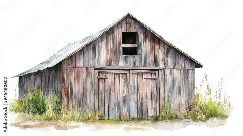 Watercolor Painting of a Rustic Wooden Barn with Double Doors and Windows Watercolor Painting of a Rustic Wooden Barn with Double Doors and Windows