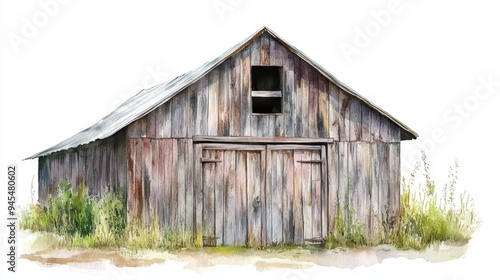 Watercolor Painting of a Rustic Wooden Barn with Double Doors and Windows