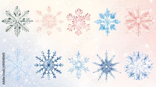 Christmas-themed snowflake vectors with a variety of designs and soft pastel colors