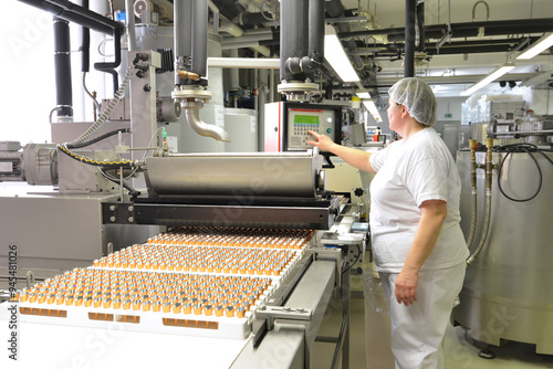 Production of pralines in a factory for the food industry - automatic conveyor belt with chocolate photo