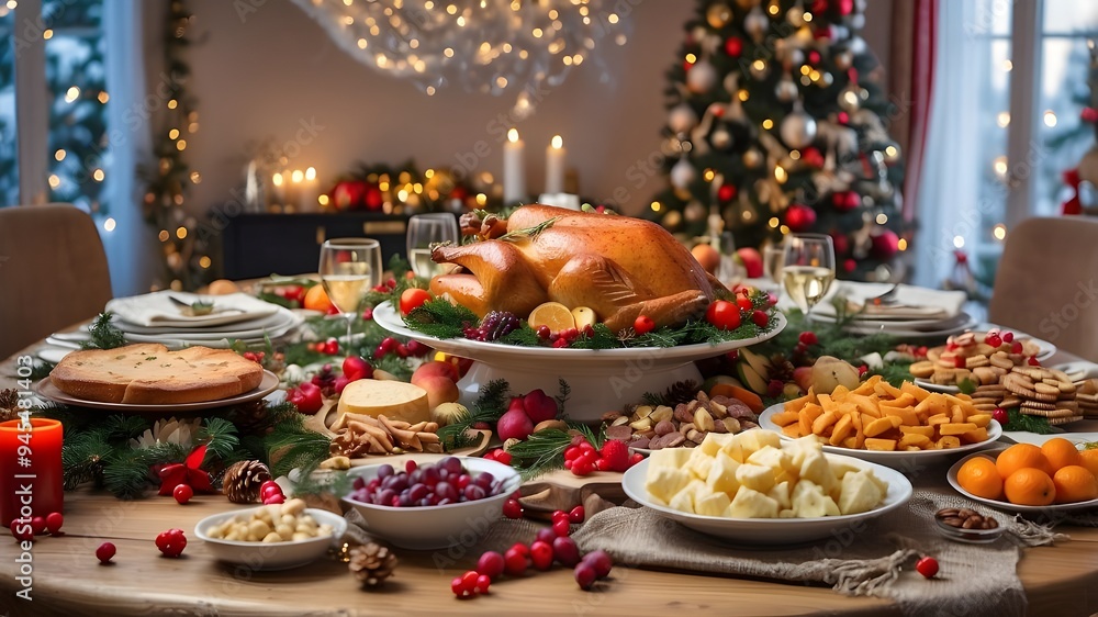 Christmas dinner table laden with food and snacks, decorated for the New Year with a background of a Christmas tree. Christmas dinner table laden with food and snacks, decorated for the New Year with a background of a Christmas tree.
