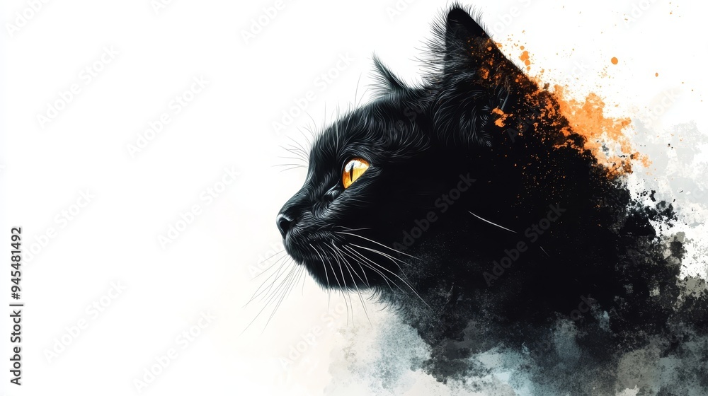Black Cat with Yellow Eyes Watercolor Illustration Black Cat with Yellow Eyes Watercolor Illustration