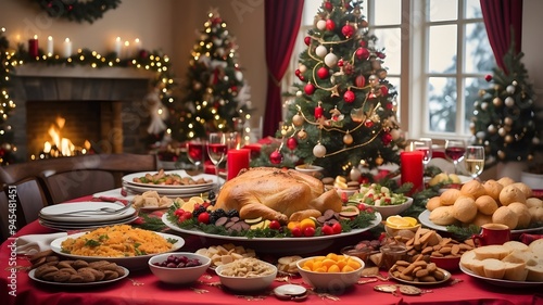 Christmas dinner table laden with food and snacks, decorated for the New Year with a background of a Christmas tree.