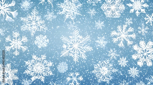 Christmas snowflakes in a vector illustration with various shapes and sizes set against a wintery background