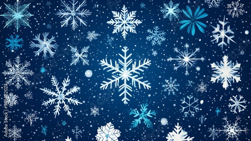 Christmas snowflakes in a vector illustration with various shapes and sizes set against a wintery background