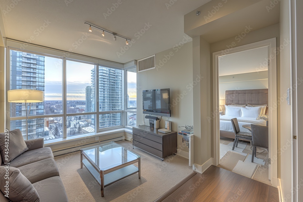 A trendy studio apartment with an open concept layout, modern furniture, large windows, and stylish decor A trendy studio apartment with an open concept layout, modern furniture, large windows, and stylish decor