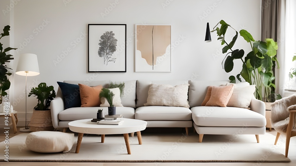 Modern Scandinavian interior design is typified by a sophisticated living area with a plush sofa, furnishings from the mid-century, a warm carpet, white walls, and houseplants. Modern Scandinavian interior design is typified by a sophisticated living area with a plush sofa, furnishings from the mid-century, a warm carpet, white walls, and houseplants.