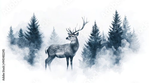 Watercolor Deer in a Foggy Forest