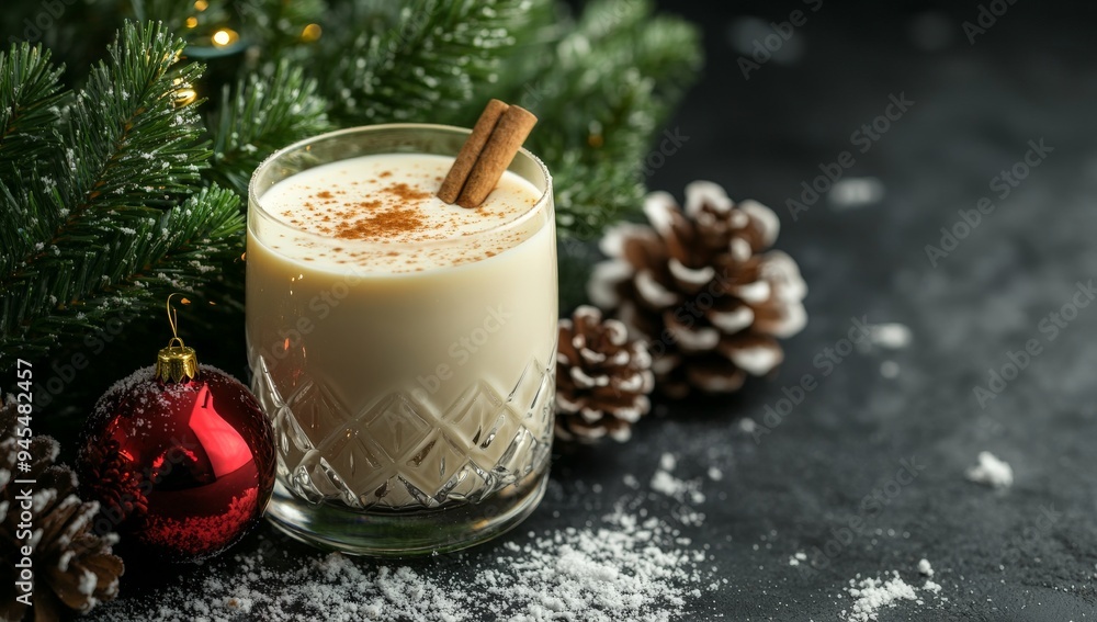 Festive Eggnog with Cinnamon at Christmas - Holiday Beverage Surrounded by Pine Cones and Ornaments Festive Eggnog with Cinnamon at Christmas - Holiday Beverage Surrounded by Pine Cones and Ornaments