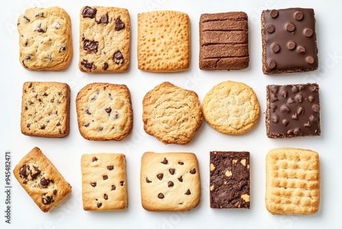 A variety of cookies arranged in a grid pattern, showcasing different shapes and flavors.