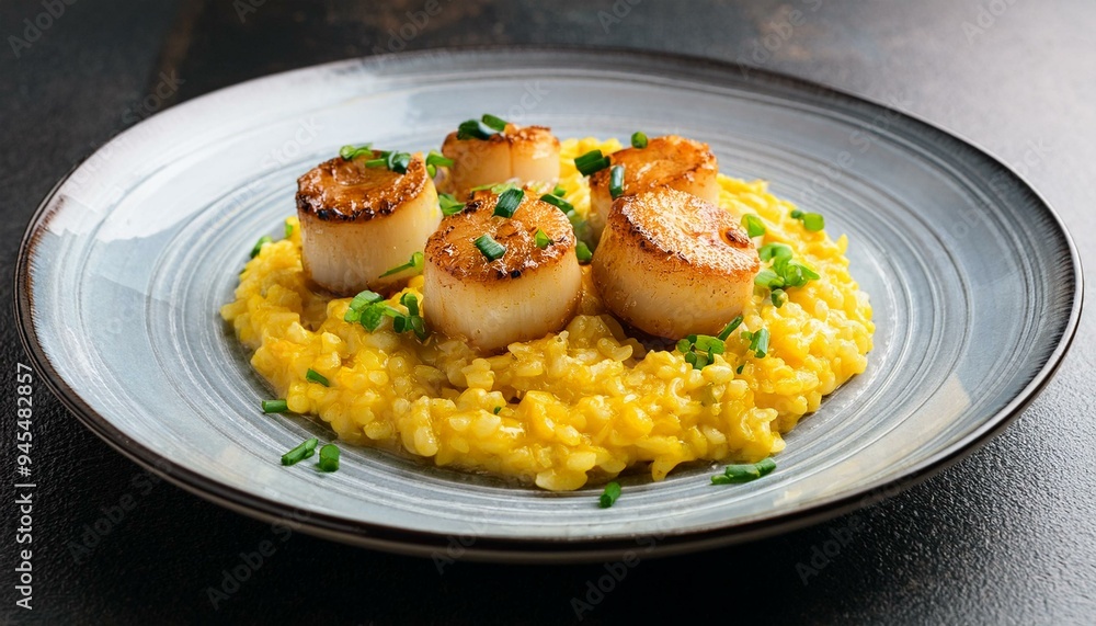 Fried scallops on saffron risotto Fried scallops on saffron risotto