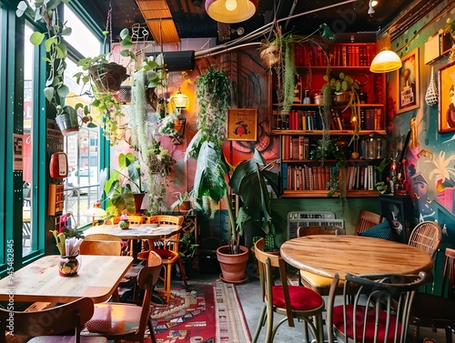 Illustration of A trendy café embracing cluttercore vibes, with tables covered in vintage books, eclectic tableware, hanging plants, and colorful art on the walls. Ai Generate. photo