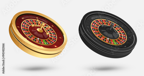 Golden and black casino roulette wheel with wood desk on white background with golden light, rays, glare, sparkles. Vector illustration for casino, game design, advertising