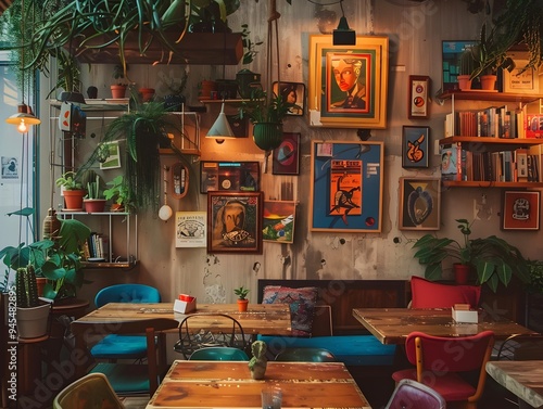 Illustration of A trendy café embracing cluttercore vibes, with tables covered in vintage books, eclectic tableware, hanging plants, and colorful art on the walls. Ai Generate. photo