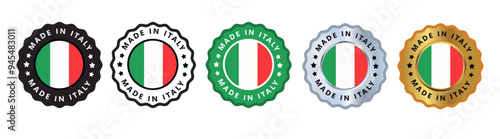 Made in italy set of sign stamp badge, with varian color green, silver, gold, black suitable for products manufactured, military, agriculture or food vector illustration eps editable text
