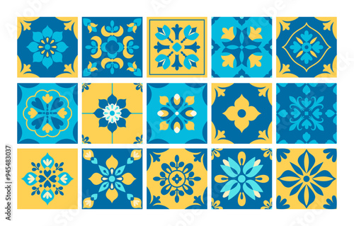 Mediterranean traditional folk ornament. Blue and yellow tiles background. Abstract geometric floral pattern. Italian, Portuguese, Spanish porcelain pottery. Mosaic. Vector illustration