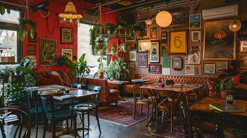 Illustration of A trendy café embracing cluttercore vibes, with tables covered in vintage books, eclectic tableware, hanging plants, and colorful art on the walls. Ai Generate. photo