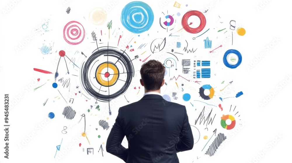 Businessman looking at a target on a whiteboard with colourful charts and diagrams. Businessman looking at a target on a whiteboard with colourful charts and diagrams.