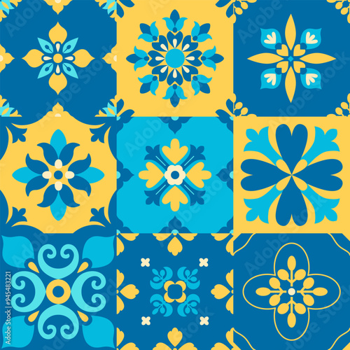 Mediterranean tiles seamless pattern. Blue and yellow geometric folk background. Italian, Portuguese, Spanish ethnic ornament. Mosaic. Vector digital paper, wallpaper.