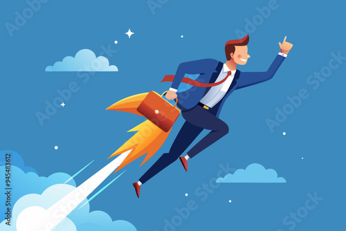 Boost business growth, innovation or fast speed development, rocket or firework boosting startup, ambition or aspiration for winner concept, businessman flying high with fast firework in the sky.
