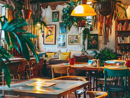 Illustration of A trendy café embracing cluttercore vibes, with tables covered in vintage books, eclectic tableware, hanging plants, and colorful art on the walls. Ai Generate. photo