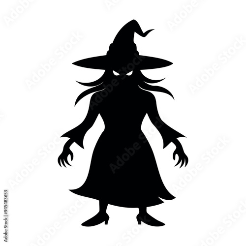 Black silhouette of Halloween witch Vector illustration on white background