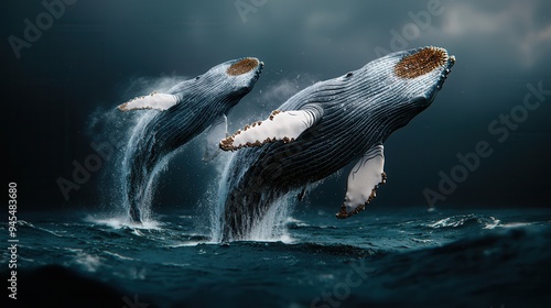 Two Humpback Whales Leaping from the Ocean.