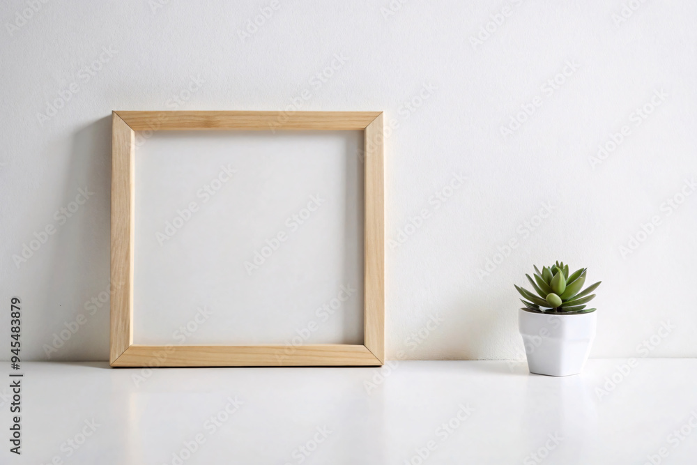 A square wooden frame with a small succulent in a white pot, creating a clean, minimalist composition with a soft, neutral background A square wooden frame with a small succulent in a white pot, creating a clean, minimalist composition with a soft, neutral background