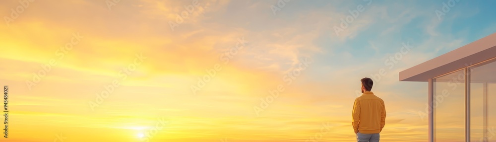 Man Looking at Sunset from Balcony Man Looking at Sunset from Balcony