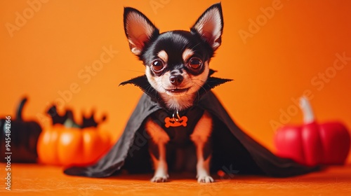 A small chihuahua in a vampire costume, with a tiny cape and fangs, standing on an orange background with Halloween props and ample room for text