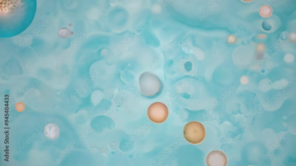 Comparing different water particles in a blue liquid at various magnifications Comparing different water particles in a blue liquid at various magnifications